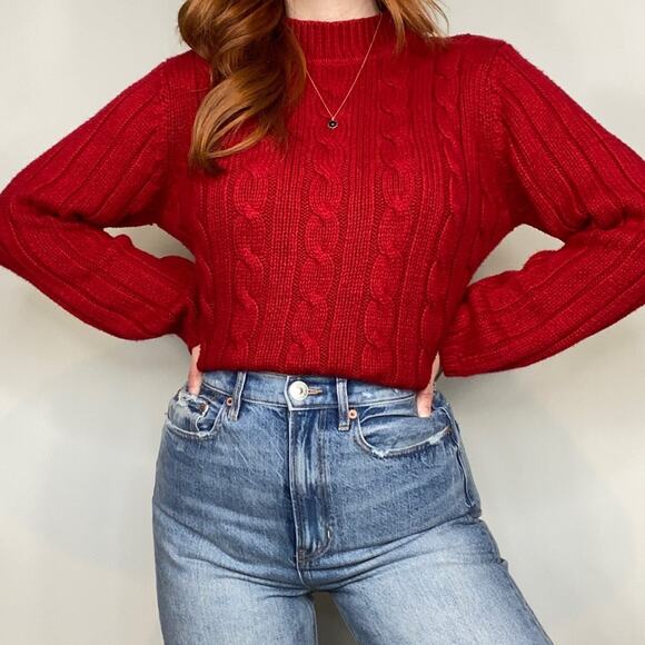 Vintage 90s Sag Harbor Petite Size Large Red Mockneck Cable Knit Sweater - Picture 2 of 11